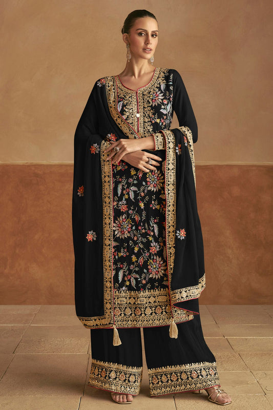 Black Colour Semi Stitched Chinon Palazzo Pant Suit