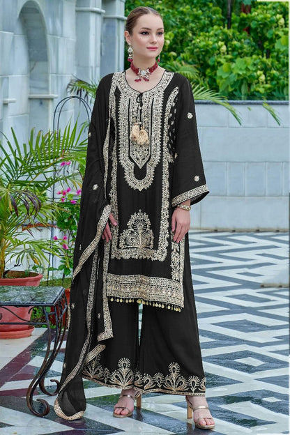 Black Colour Semi Stitched Chinon Palazzo Pant Suit VSSM1140667