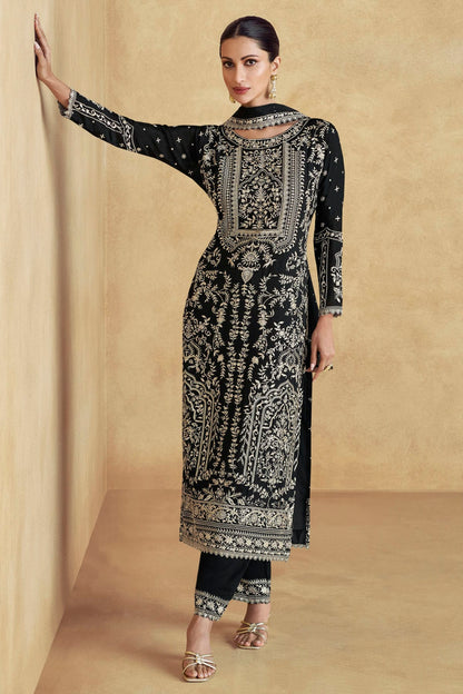 Black Colour Semi Stitched Chinon Silk Pant Style Suit