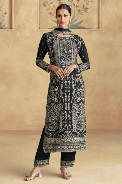 Black Colour Semi Stitched Chinon Silk Pant Style Suit