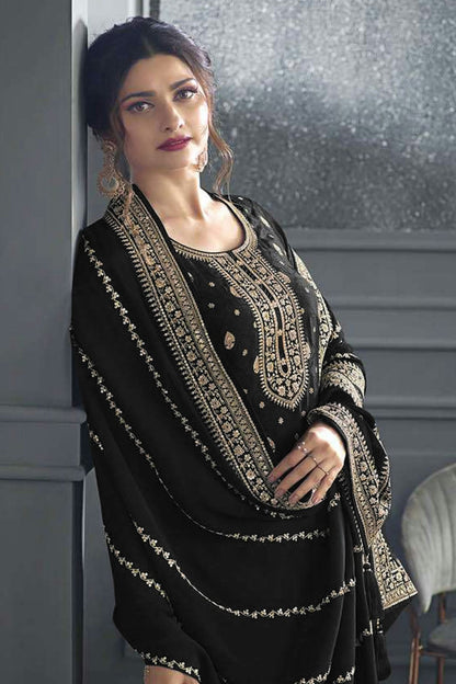 Black Colour Semi Stitched Dola Jacquard Silk Palazzo Pant Suit