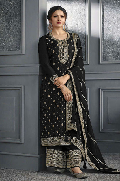 Black Colour Semi Stitched Dola Jacquard Silk Palazzo Pant Suit