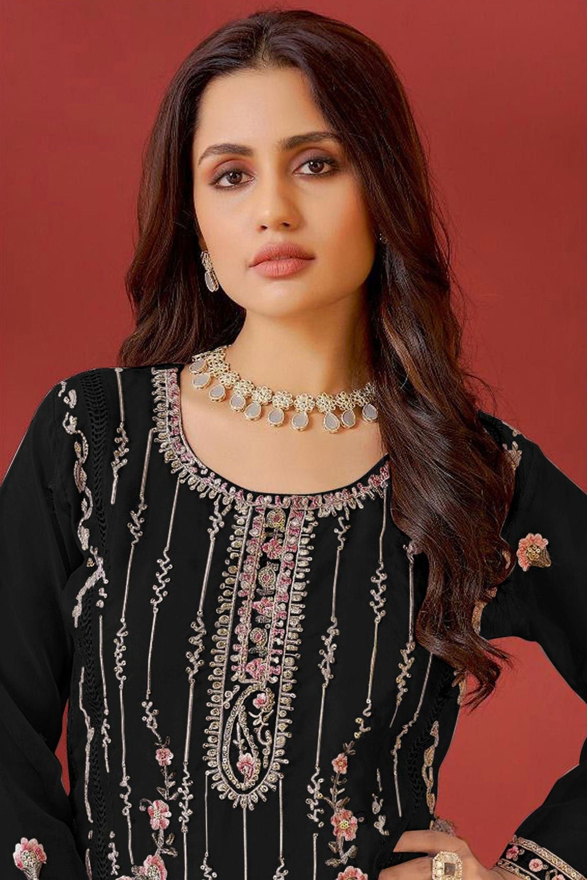 Black Colour Semi Stitched Faux Georgette Pakistani Suit