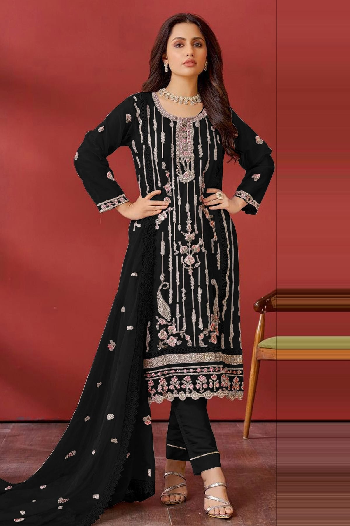 Black Colour Semi Stitched Faux Georgette Pakistani Suit