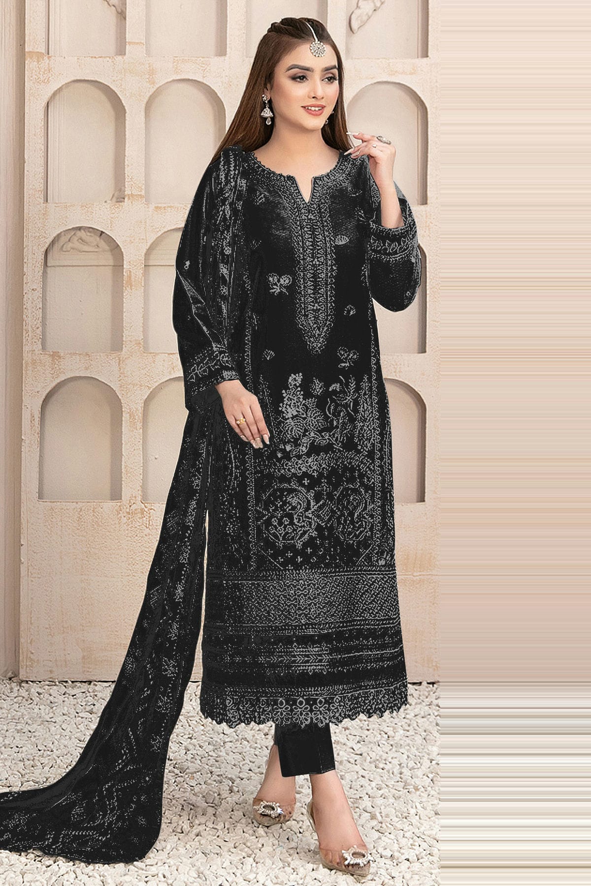 Black Colour Semi Stitched Faux Georgette Pakistani Suit