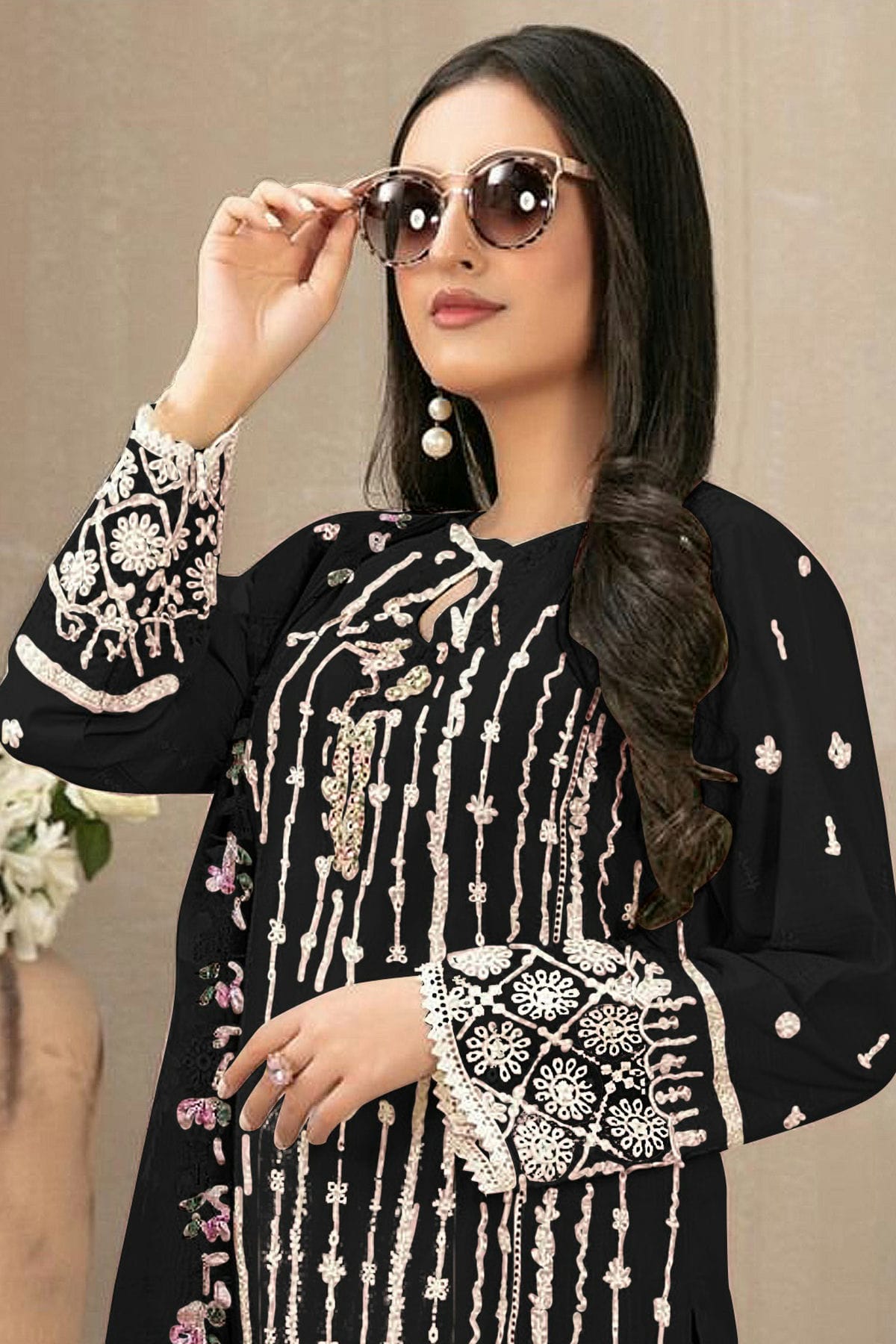 Black Colour Semi Stitched Faux Georgette Pakistani Suit