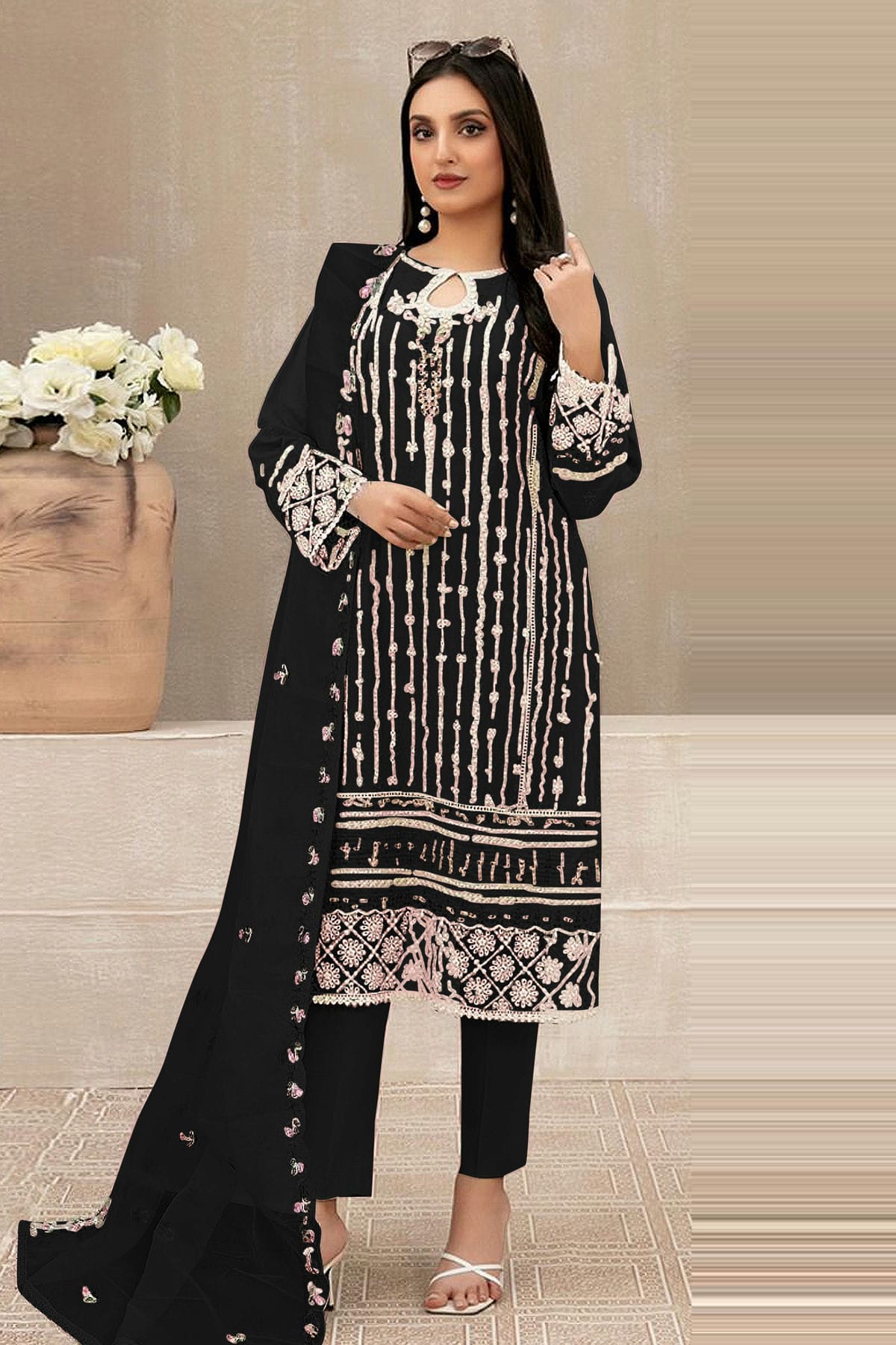 Black Colour Semi Stitched Faux Georgette Pakistani Suit