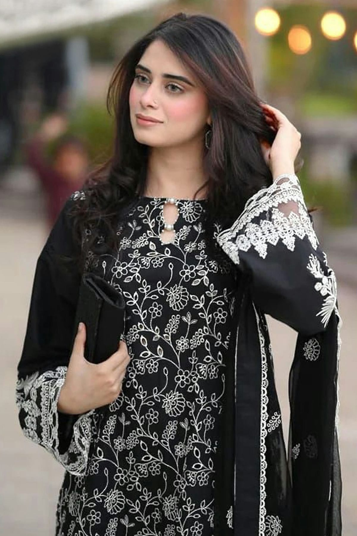 Black Colour Semi Stitched Faux Georgette Pakistani Suit