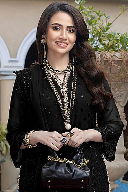 Black Colour Semi Stitched Faux Georgette Pakistani Suit