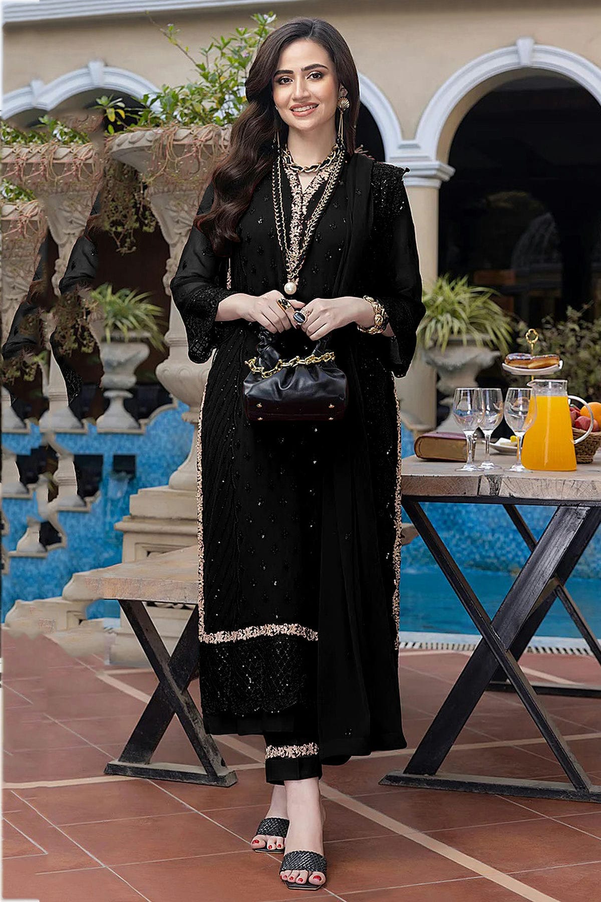 Black Colour Semi Stitched Faux Georgette Pakistani Suit