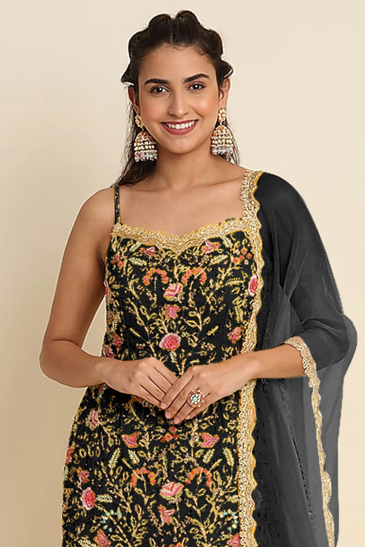 Black Colour Semi Stitched Faux Georgette Sharara Suit