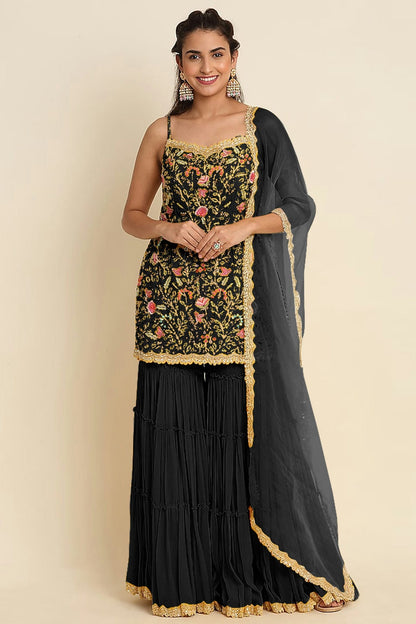 Black Colour Semi Stitched Faux Georgette Sharara Suit