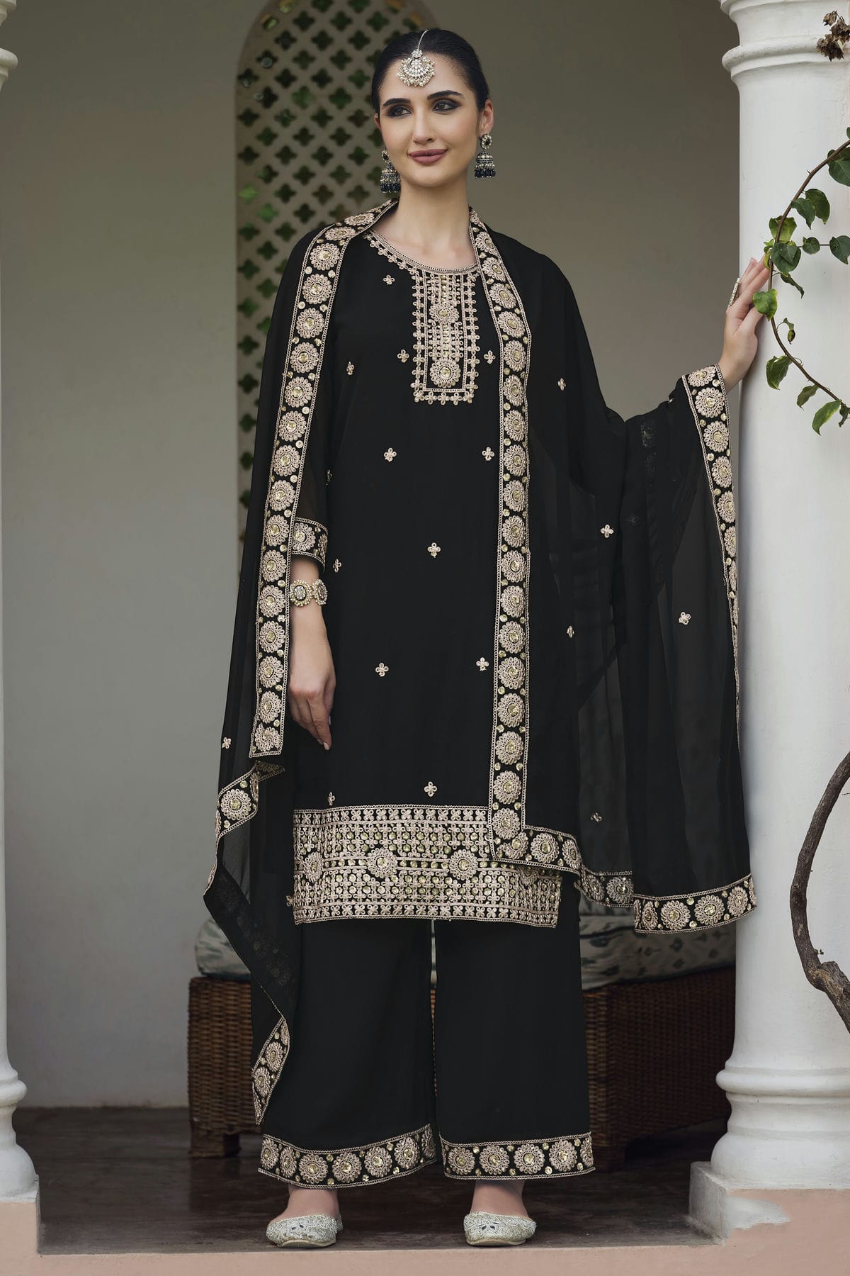 Black Colour Semi Stitched Georgette Palazzo Pant Suit