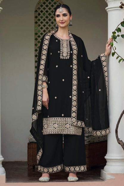 Black Colour Semi Stitched Georgette Palazzo Pant Suit