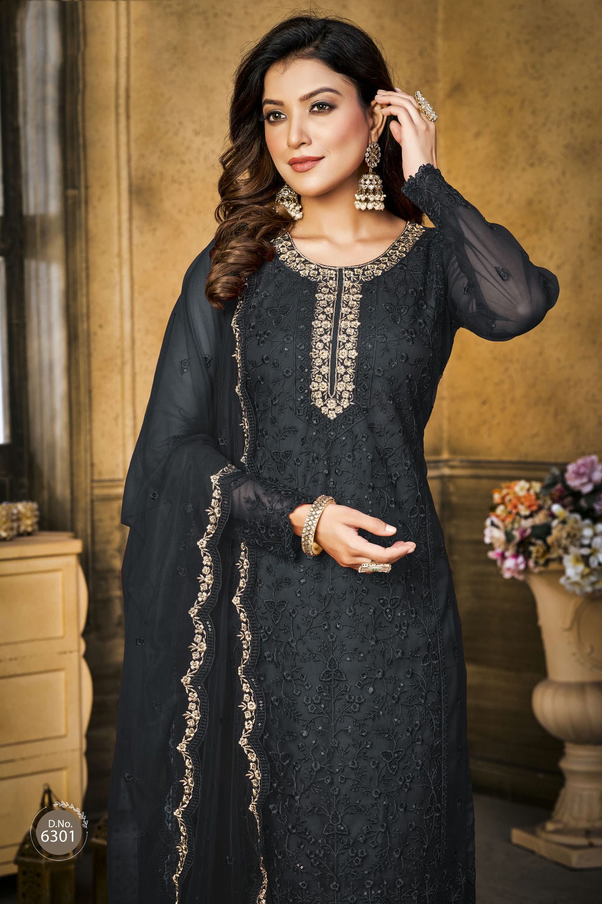 Black Colour Semi Stitched Net Pant Style Suit