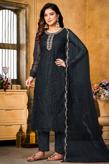 Black Colour Semi Stitched Net Pant Style Suit