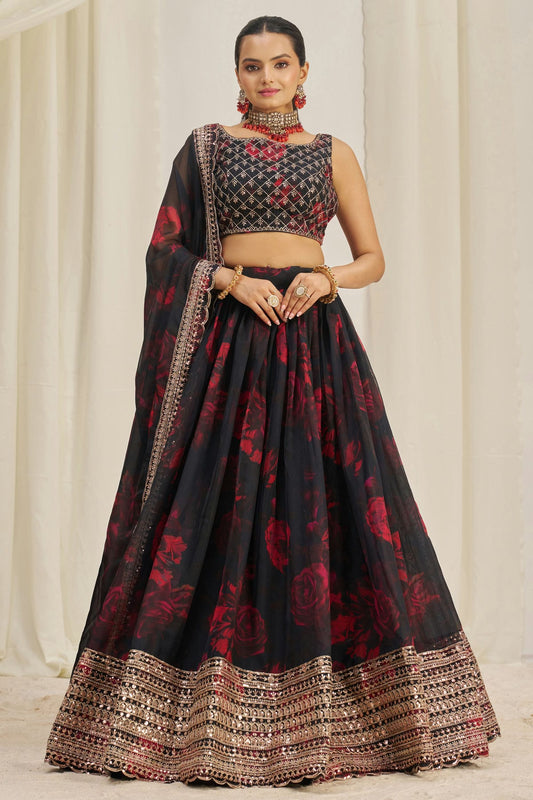 Black Colour Semi Stitched Organza Lehenga Choli