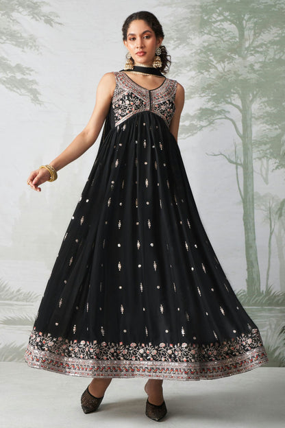 Black Colour Semi Stitched Rangoli Georgette Anarkali Suit