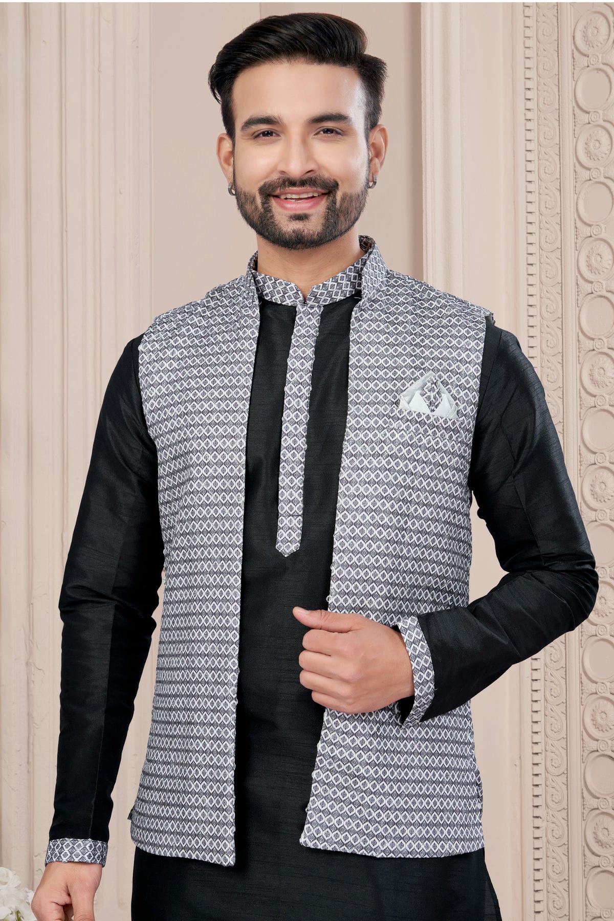 Black Colour Silk Dupion Jacket Kurta Pajama VSKP1040657