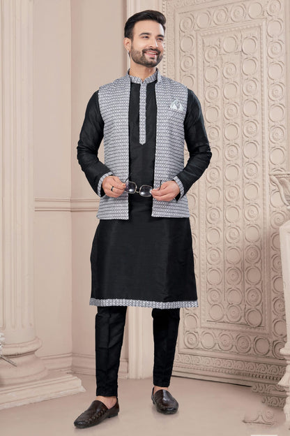 Black Colour Silk Dupion Jacket Kurta Pajama