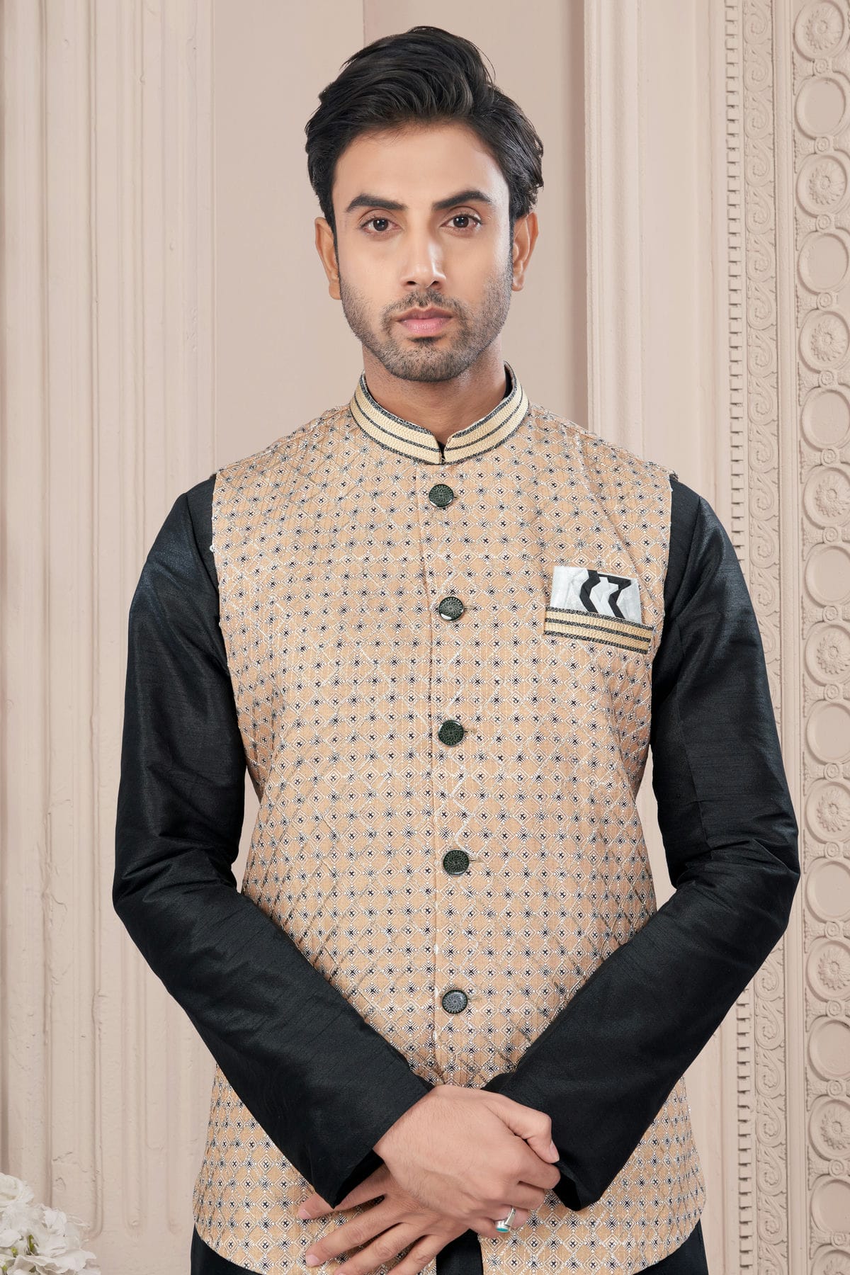 Black Colour Silk Dupion Jacket Kurta Pajama