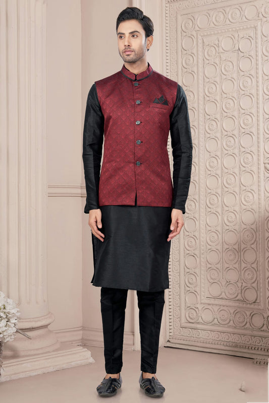 Black Colour Silk Dupion Jacket Kurta Pajama