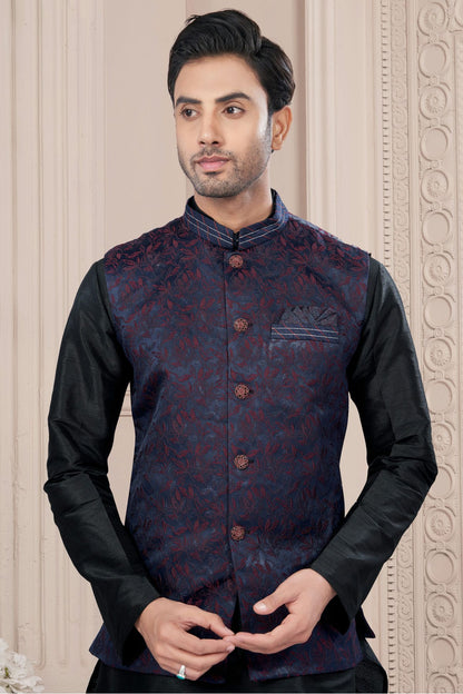 Black Colour Silk Dupion Jacket Kurta Pajama