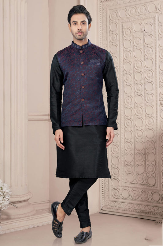 Black Colour Silk Dupion Jacket Kurta Pajama