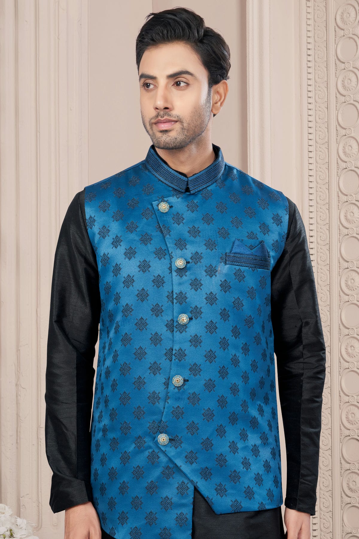 Black Colour Silk Dupion Jacket Kurta Pajama