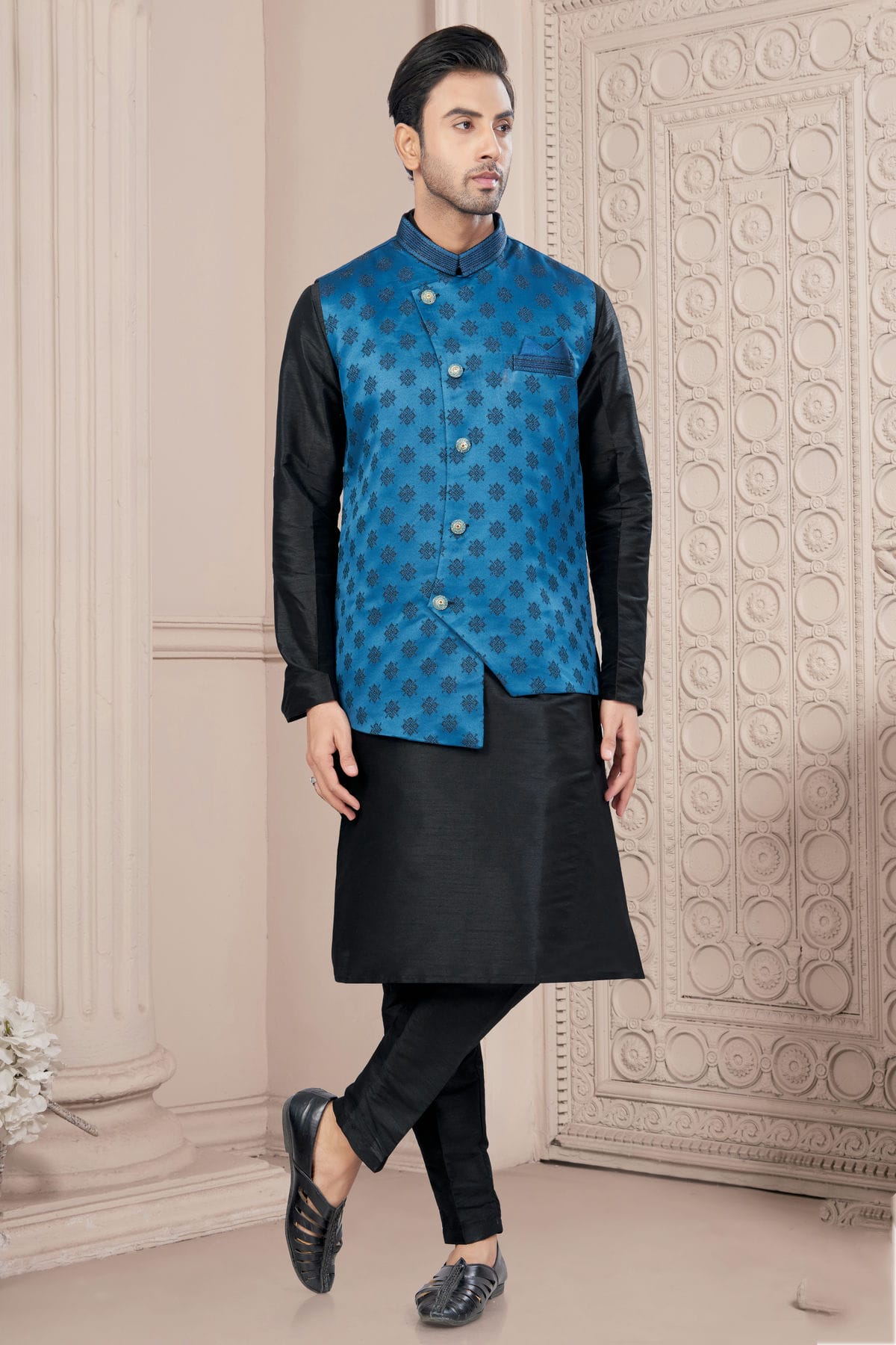 Black Colour Silk Dupion Jacket Kurta Pajama