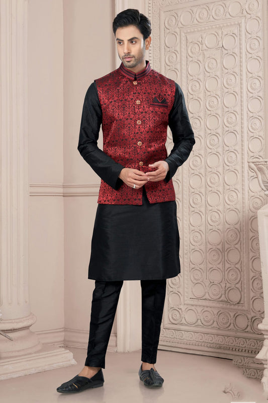 Black Colour Silk Dupion Jacket Kurta Pajama