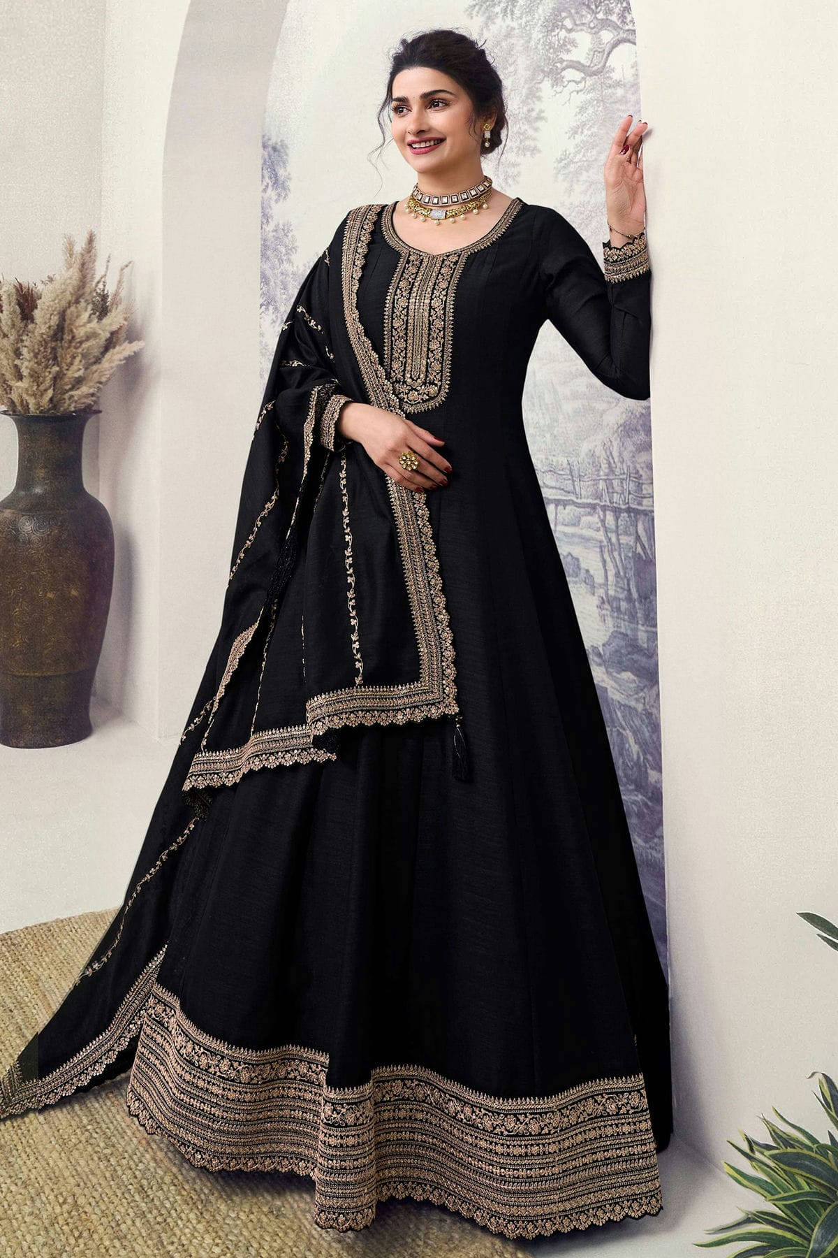 Black Colour Silk Georgette Anarkali Suit