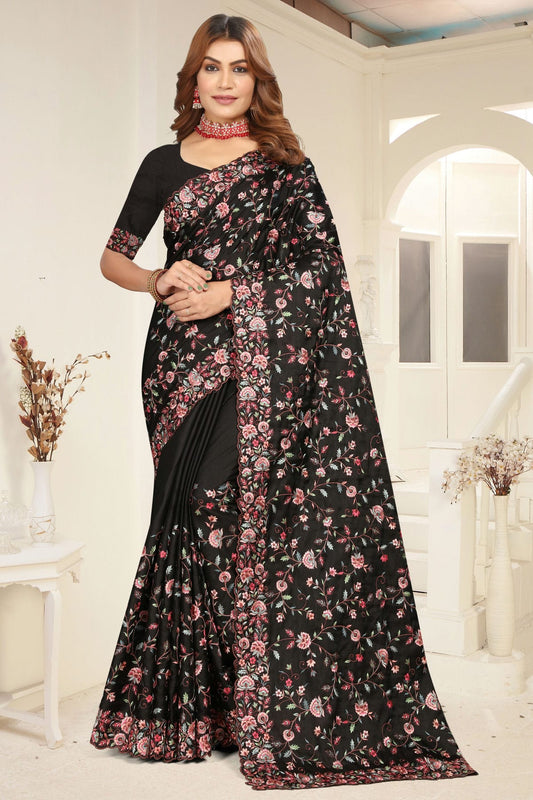 Black Colour Tusser Silk Designer Saree