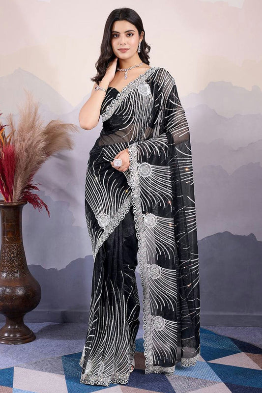 Black Colour Twill Net Embroidery Work Saree