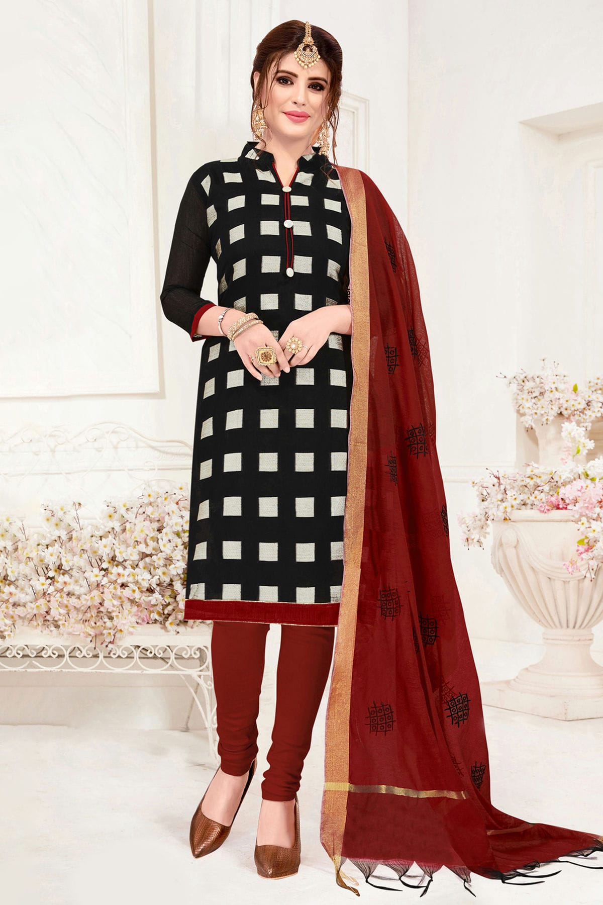 Black Colour Unstitched Banarasi Jacquard Churidar Suit