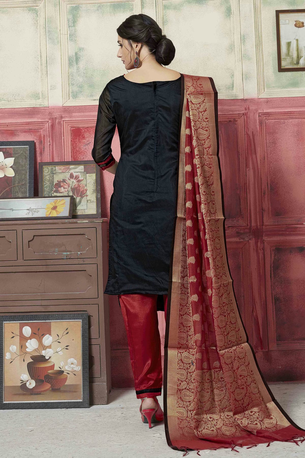 Black Colour Unstitched Banarasi Silk Fabric Straight Suit