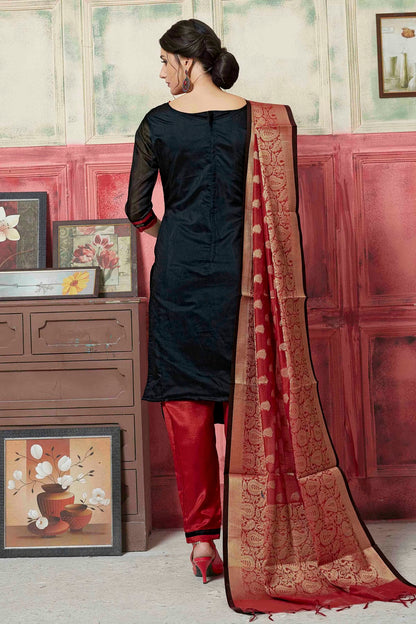 Black Colour Unstitched Banarasi Silk Fabric Straight Suit