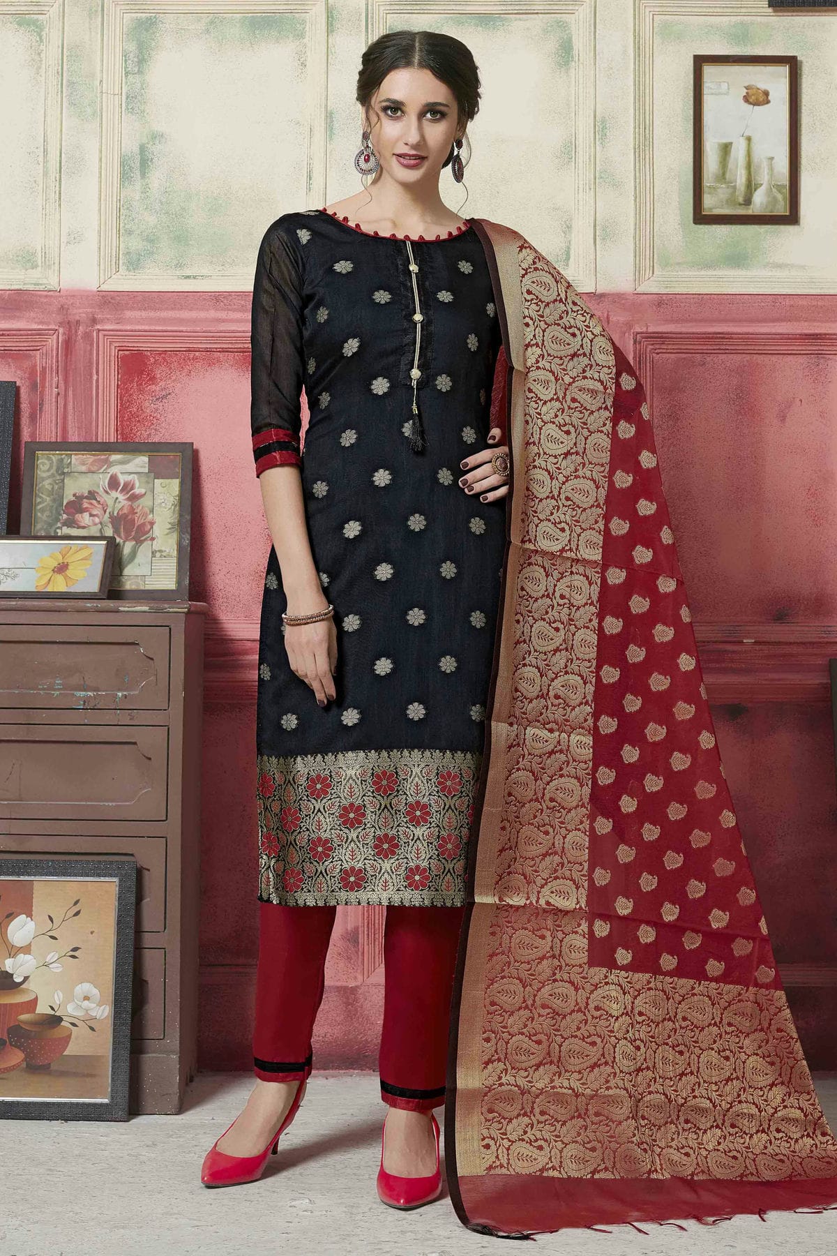 Black Colour Unstitched Banarasi Silk Fabric Straight Suit