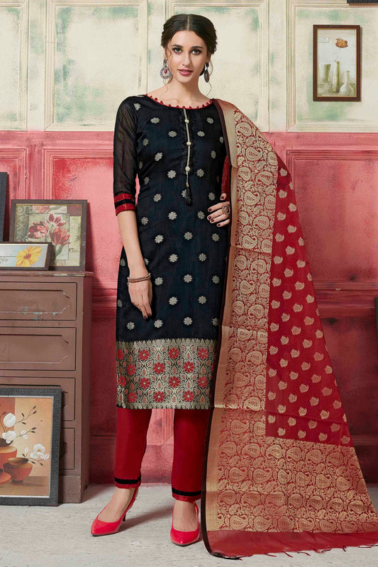 Black Colour Unstitched Banarasi Silk Fabric Straight Suit