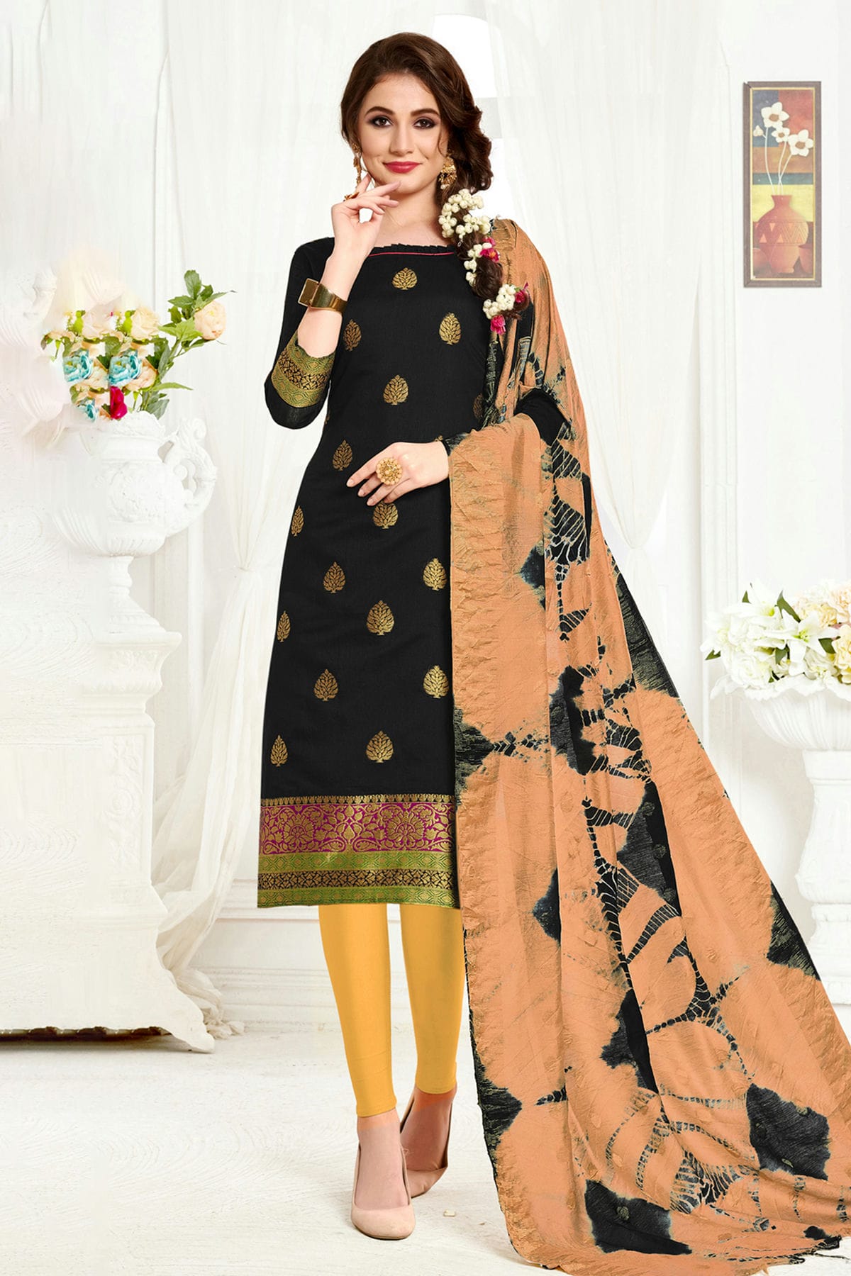 Black Colour Unstitched Banarasi Silk Straight Suit