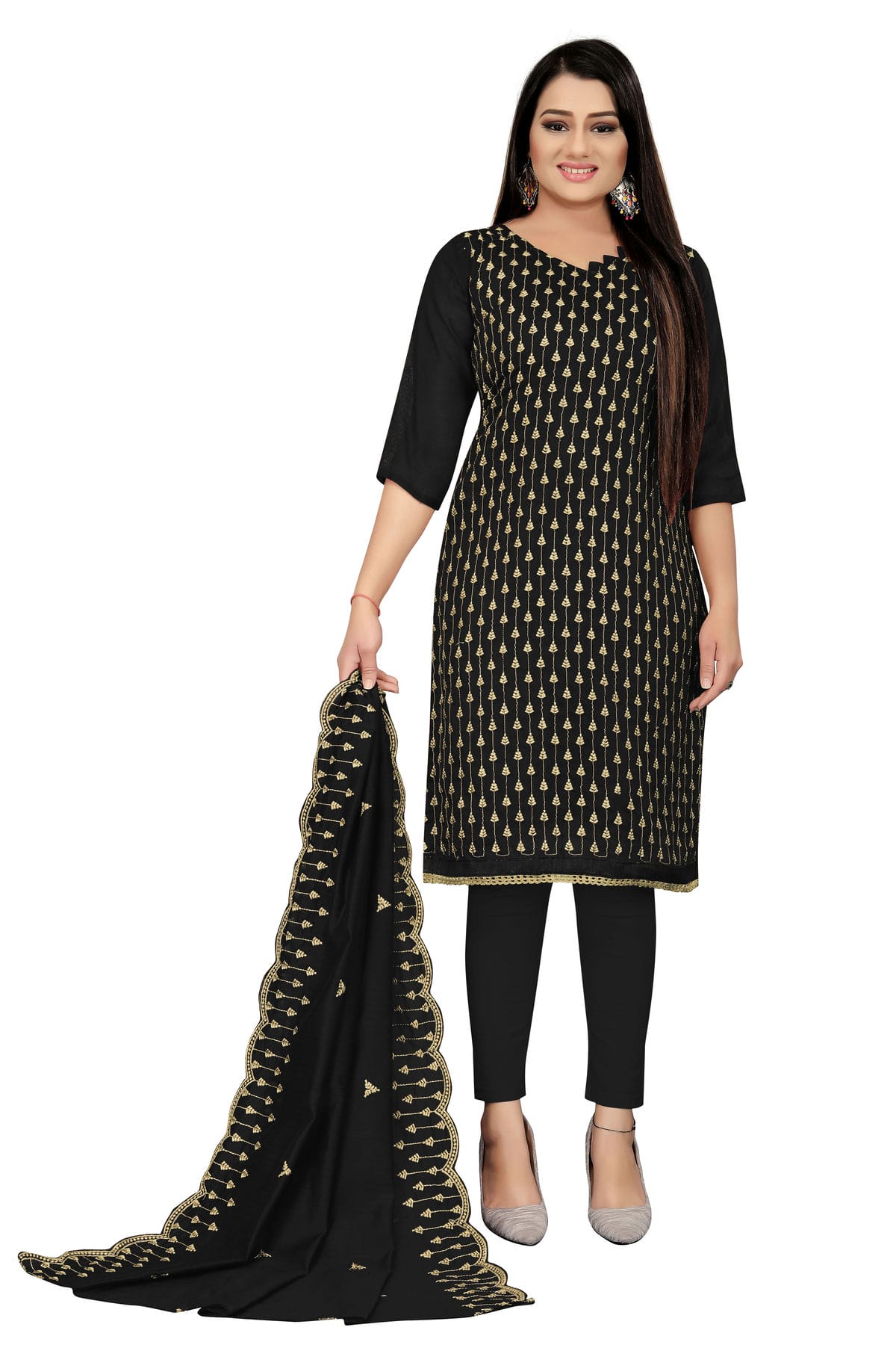 Black Colour Unstitched Chanderi Cotton Straight Suit