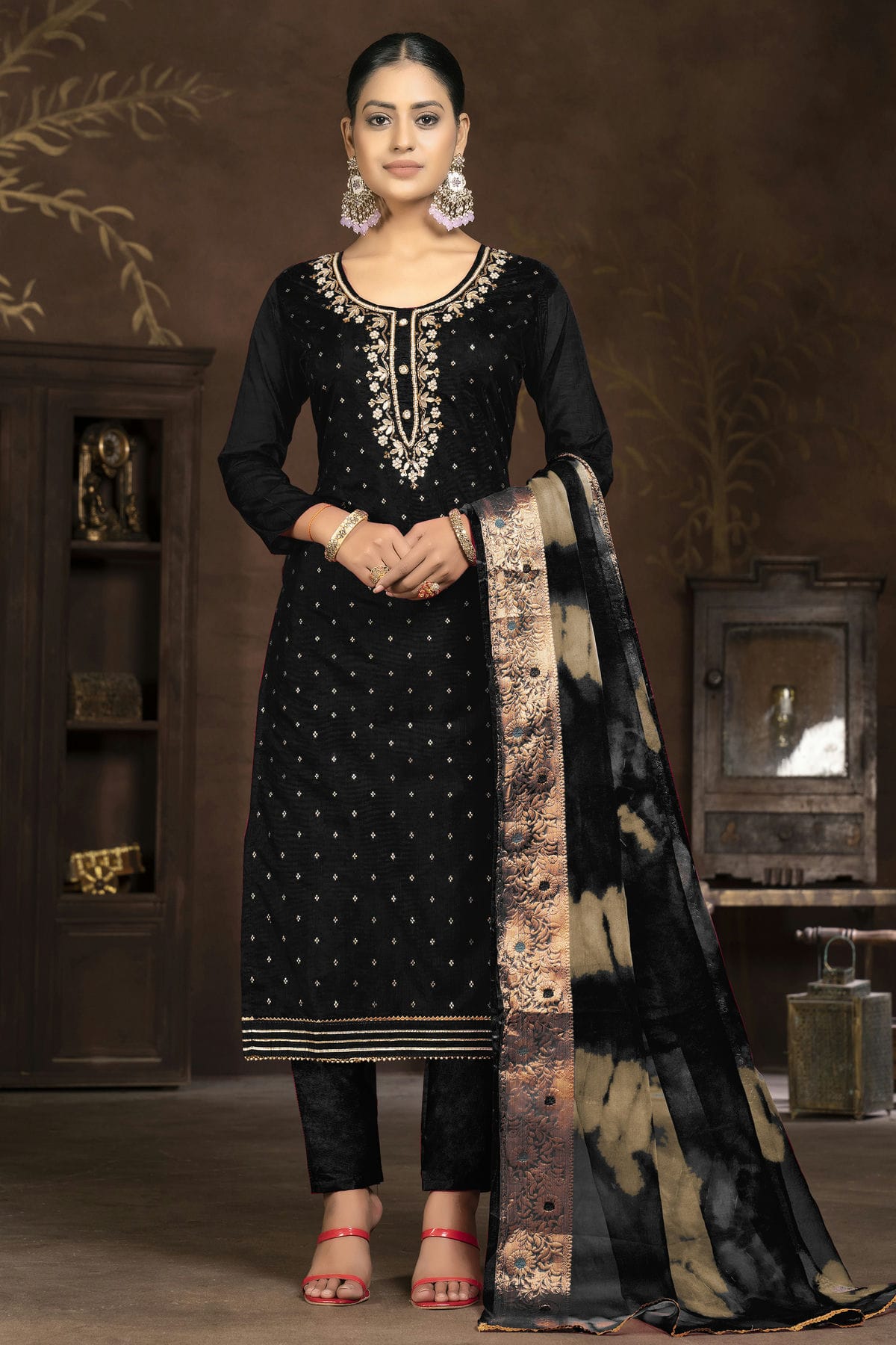 Black Colour Unstitched Cotton Jacquard Pant Style Suit