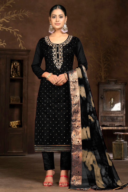 Black Colour Unstitched Cotton Jacquard Pant Style Suit