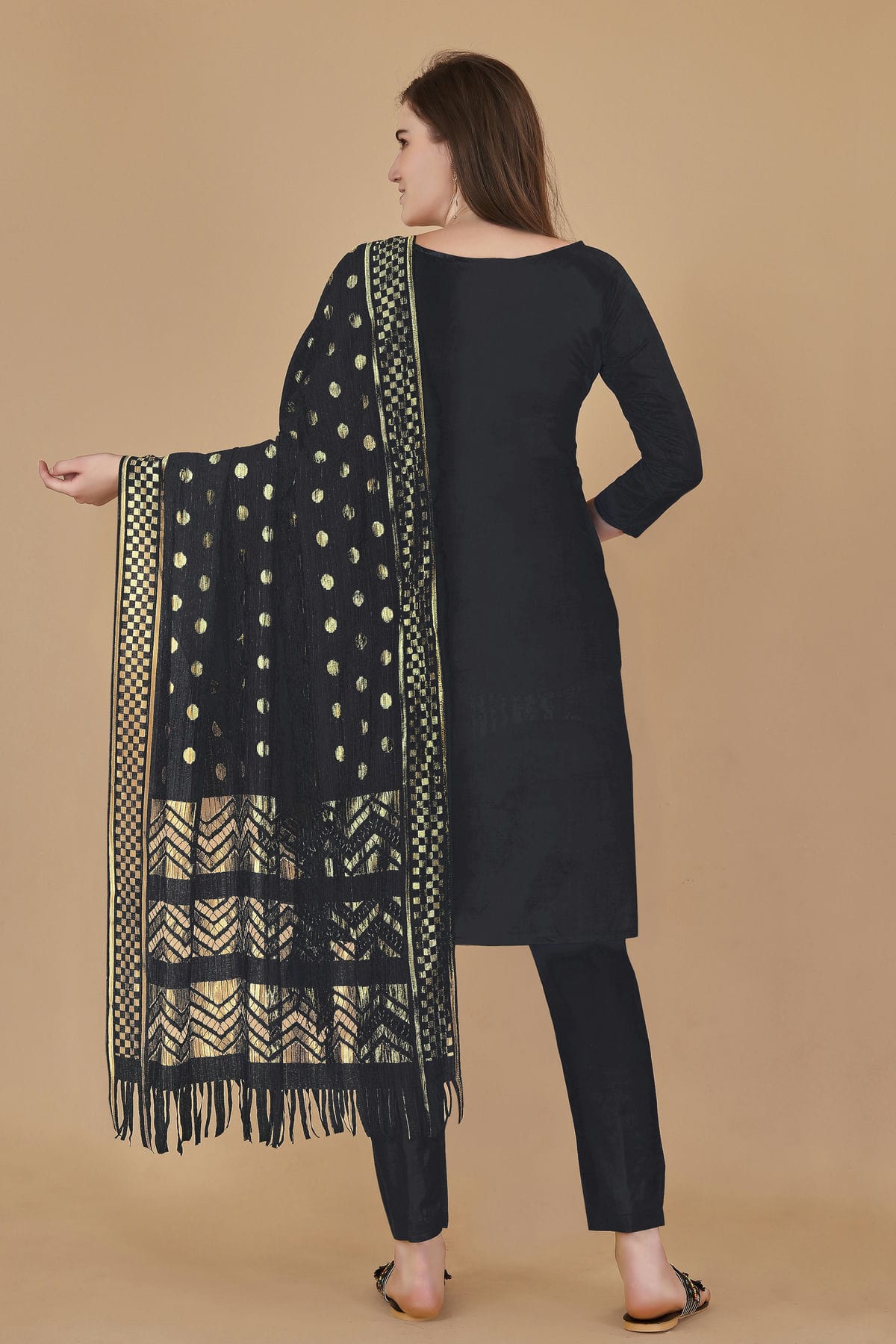 Black Colour Unstitched Cotton Jacquard Straight Suit