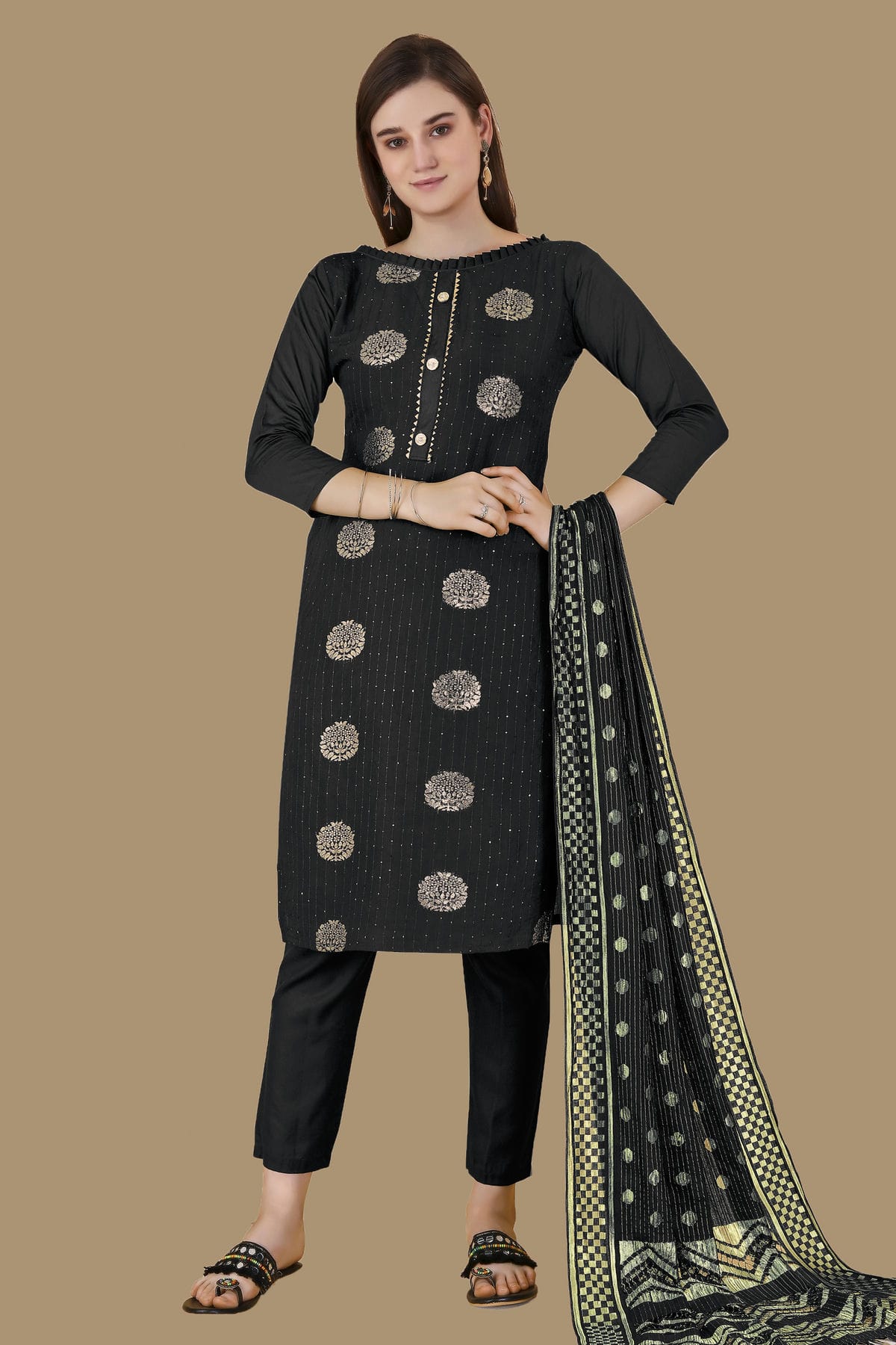 Black Colour Unstitched Cotton Jacquard Straight Suit