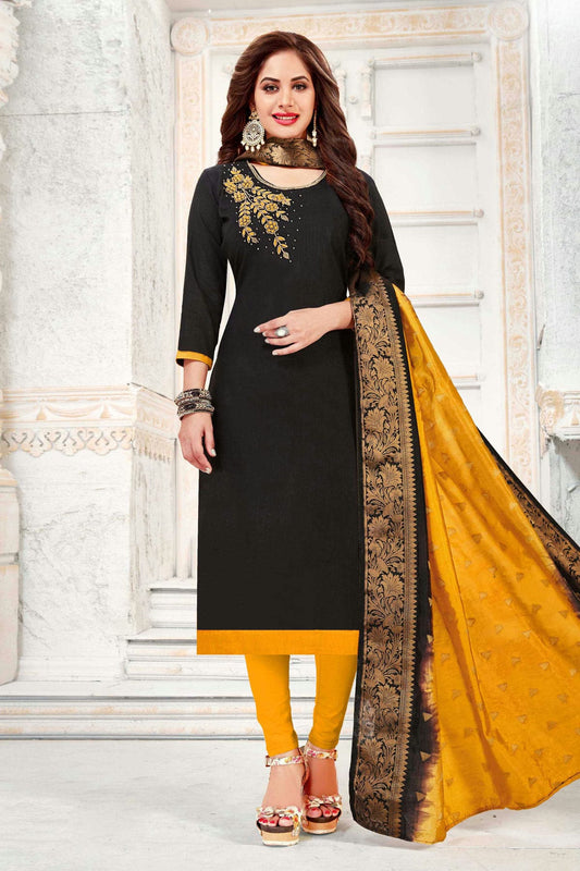 Black Colour Unstitched Cotton South Slub Churidar Suit