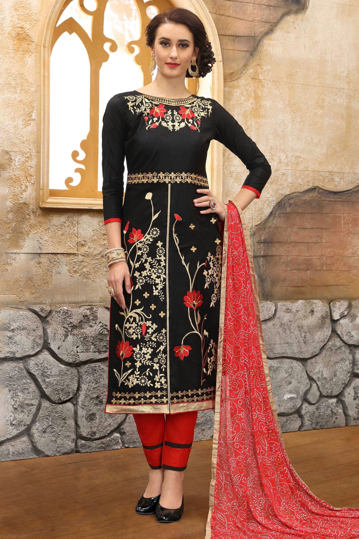 Black Colour Unstitched Cotton Straight Suit