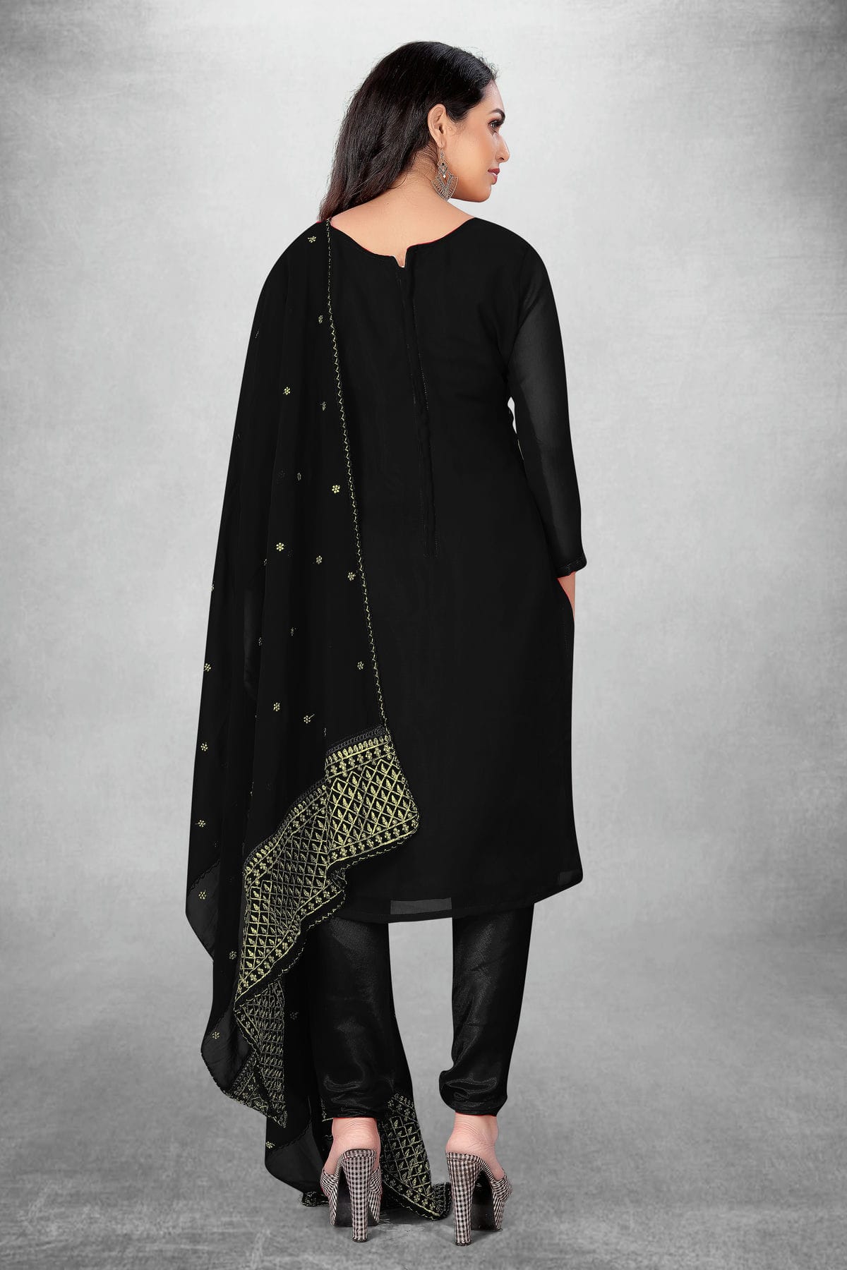 Black Colour Unstitched Georgette Churidar Suit