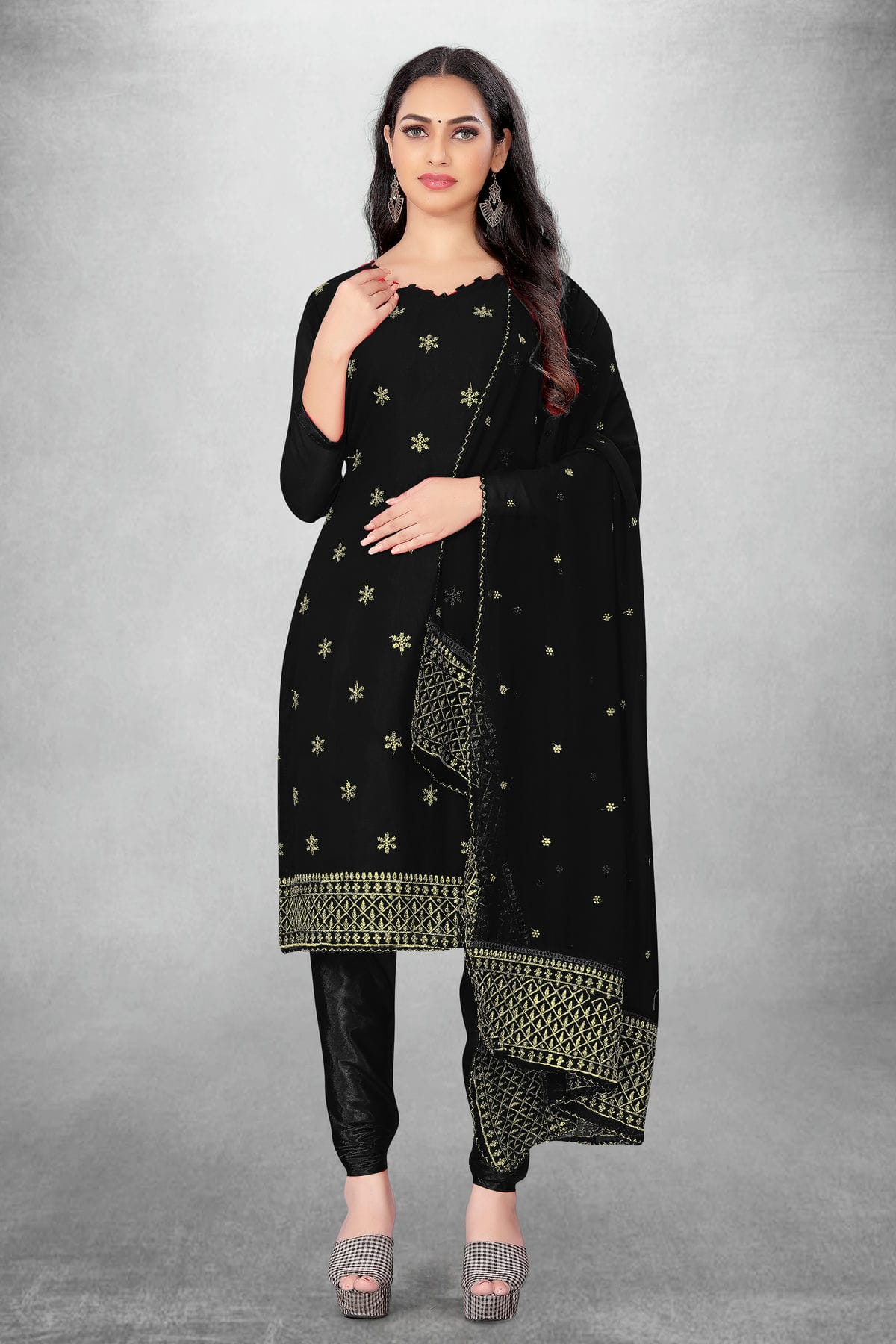 Black Colour Unstitched Georgette Churidar Suit