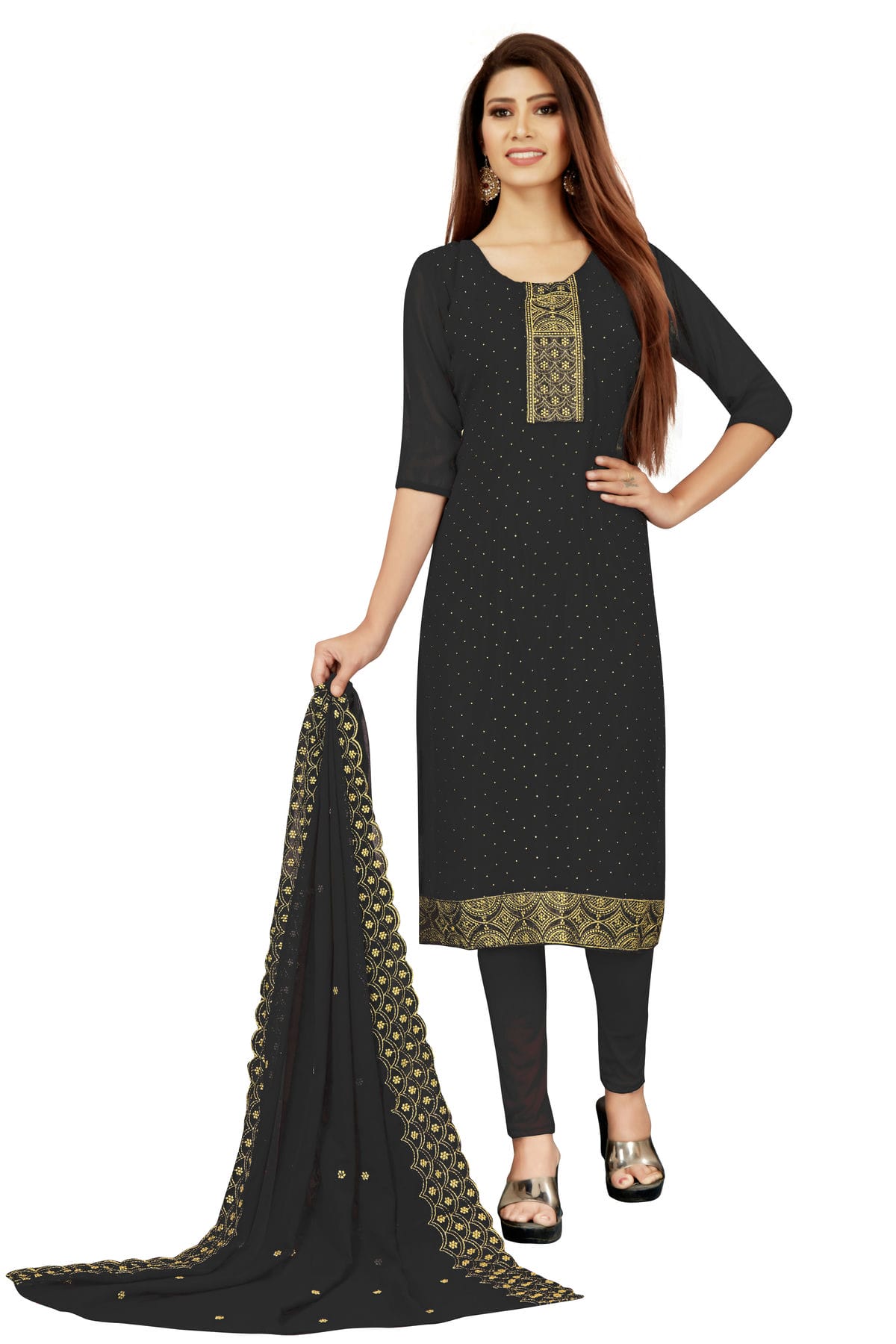 Black Colour Unstitched Georgette Straight Suit